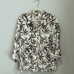 JM Collection 100% Linen Brown White Button Up Blouse‎ Vacation Workwear 14